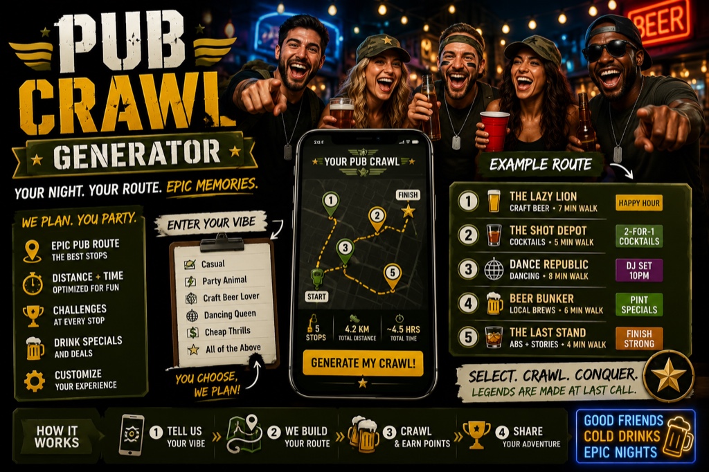 Pub Crawl Generator β your night, your route, epic memories